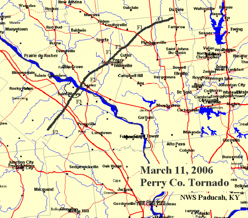 Path map of tornado across southeast MO and southwest IL